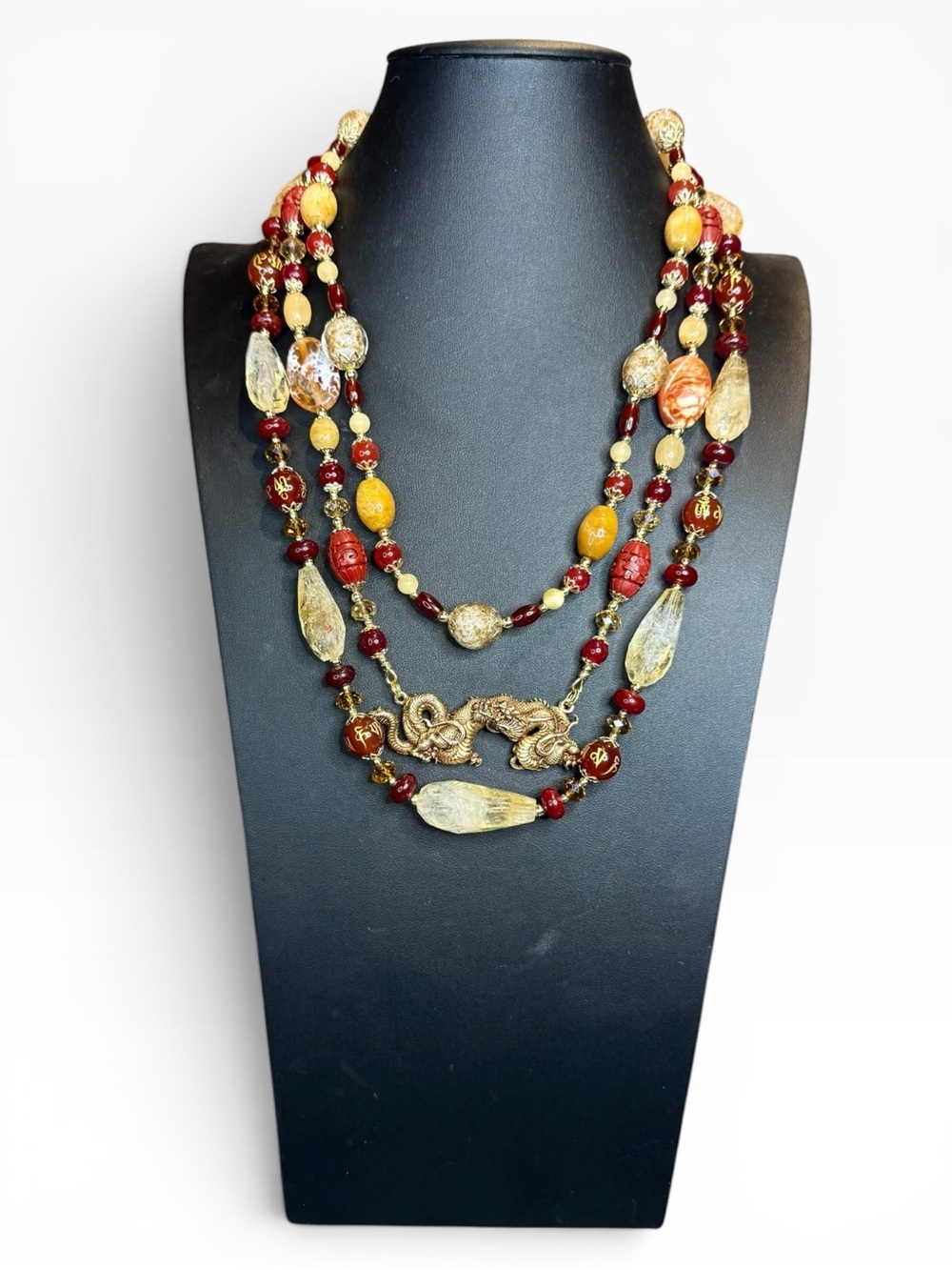 SOLD-ARTISAN Ruby, Citrine & Carnelian Multi-Strand Alva Museum Pendant Necklace - Picture 2 of 7
